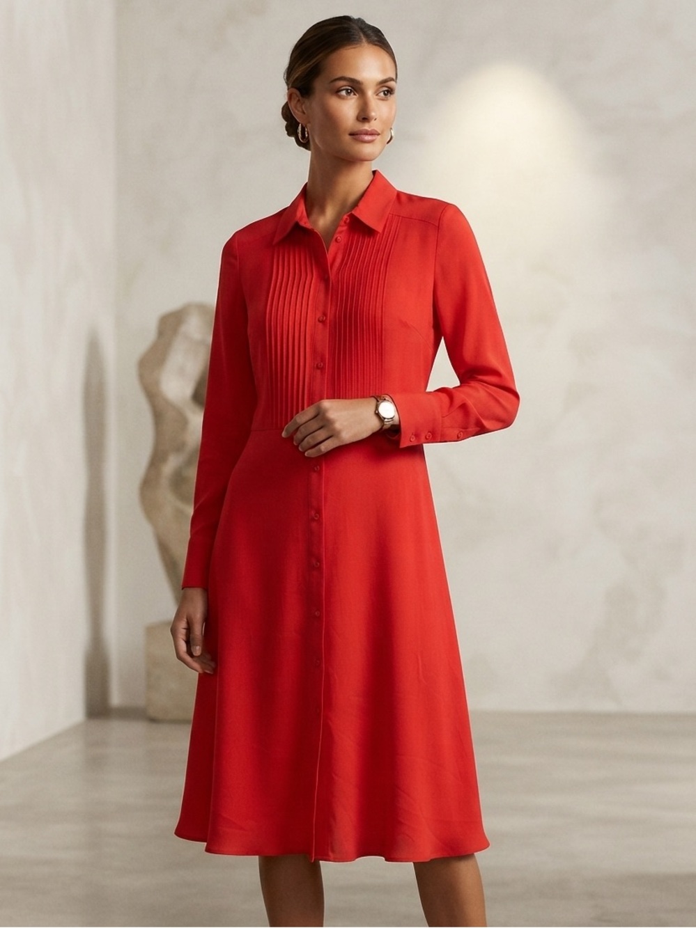 Nanette Lepore Red Pleated Button-Front Midi Shirt Dress